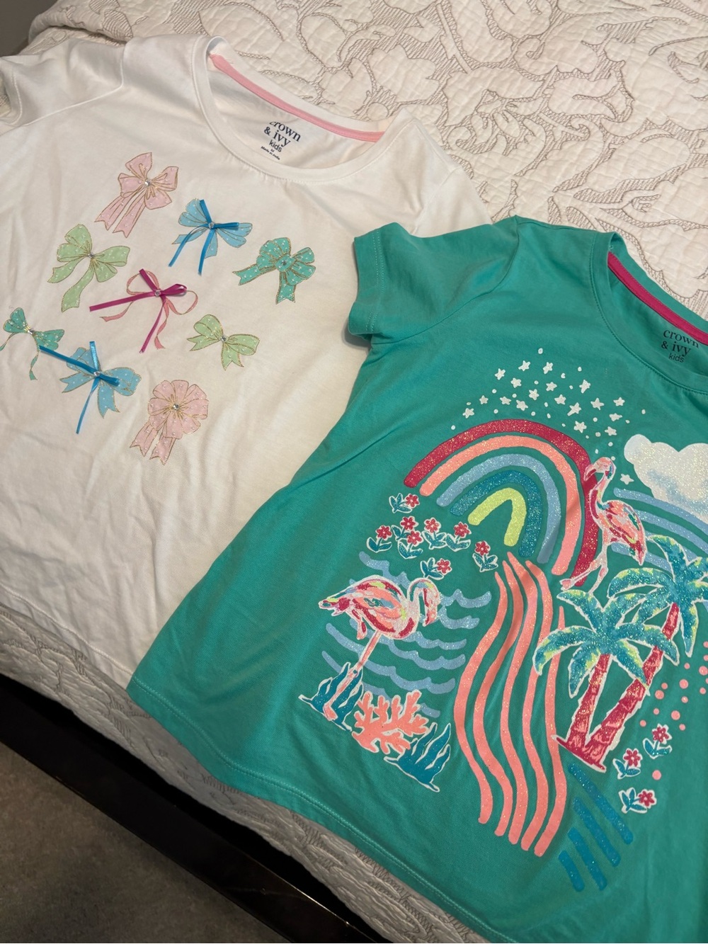 Set of 2 crown & ivy Girls' Teal Flamingo Rainbow Tee & White Bow Graphic Tee